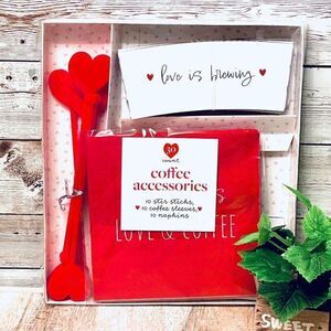 NWT 30 pc Red Set coffee accessories 10 stir sticks,10 coffee sleeves,10 napkins